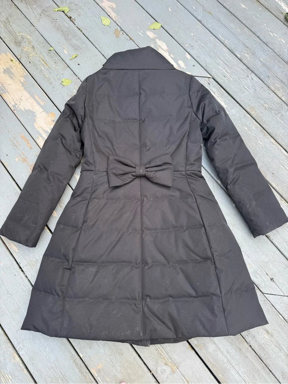 kate spade Black Quilted Puffer Coat with Back Bow and beaded buttons Medium  10